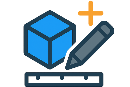 Design & Konstruktion Blauer Würfel, Stift und Lineal, Symbol für Design und 3D-Modellierung.